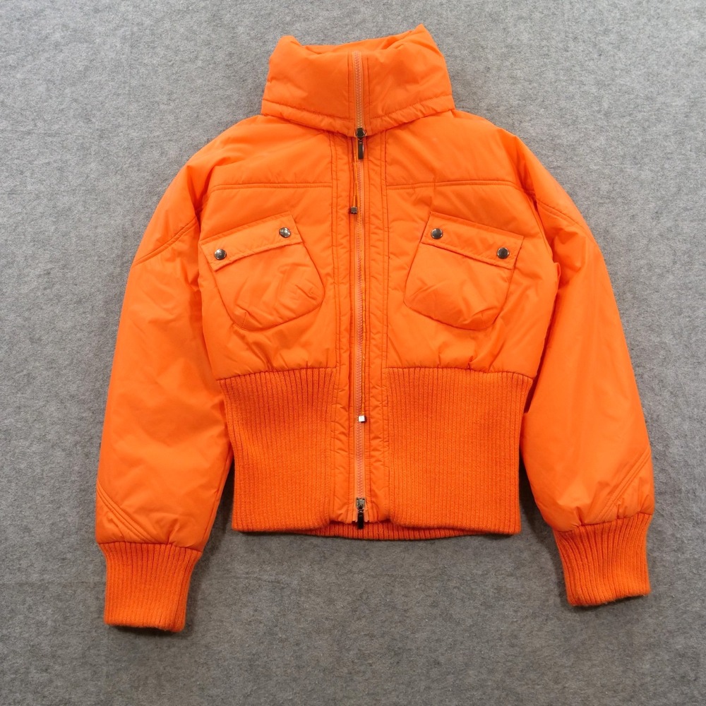 Guess Jeans Womens Large Orange Puffer Jacket Full Zip Stand Collar Outerwwear